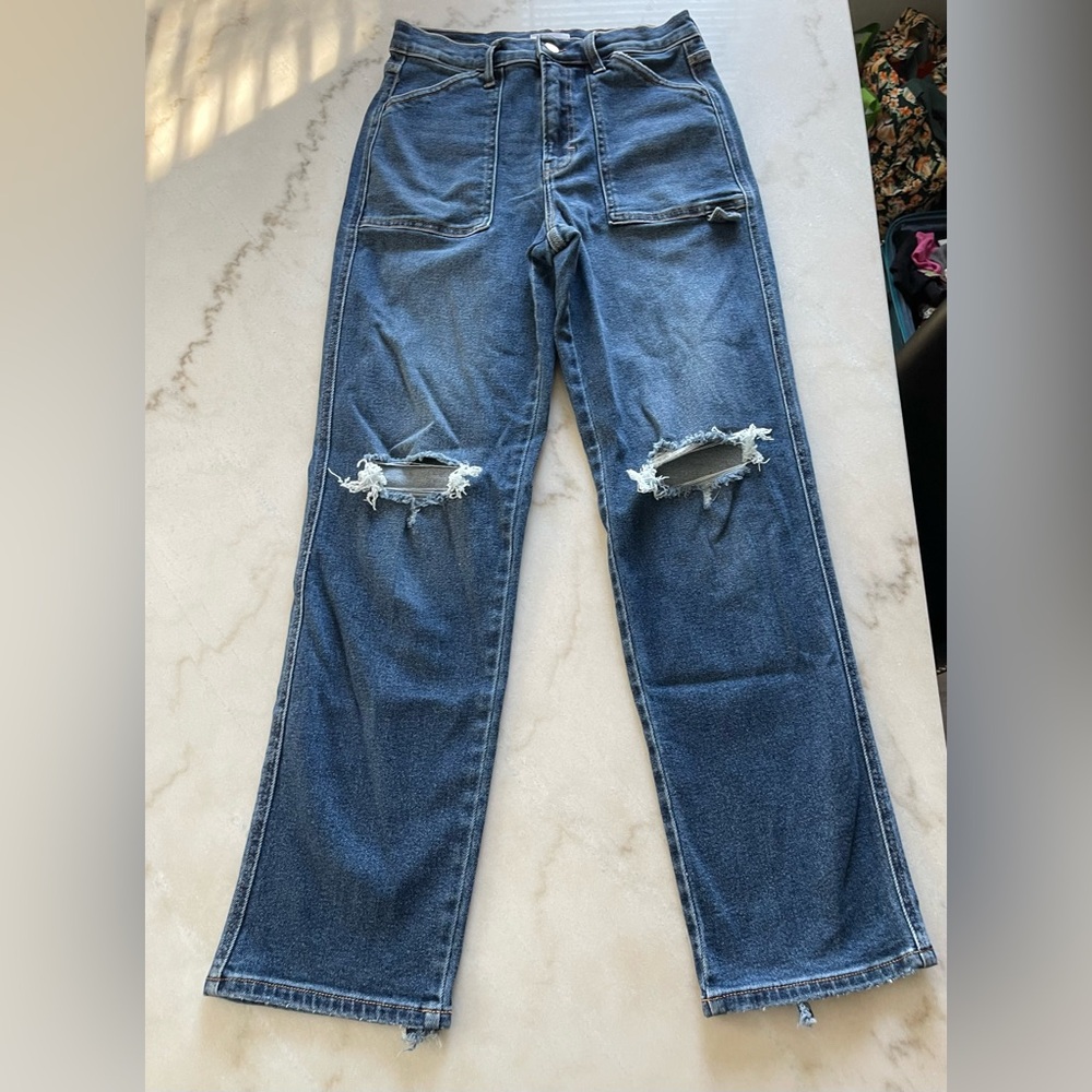Cargo Jeans - Dark Wash - Distressed - Baggy - Wide Leg - High Waisted